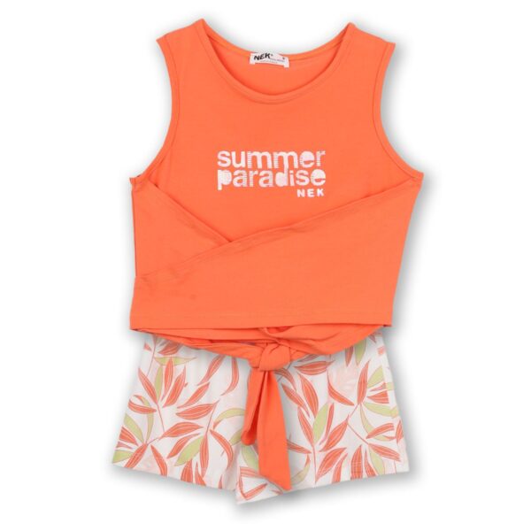 Nek Kids Wear Σετ Κορίτσι 2τχ Αμάνικο Μπλουζάκι Με Σορτς Κοραλί– Κοραλί Εμπριμέ 21525