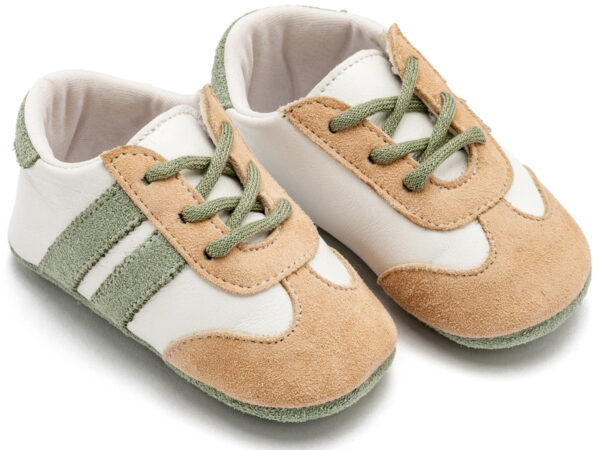 BABYWALKER Βαπτιστικό Τρίχρωμο Δετό Δερμάτινο Sneakers Σε Λευκό Μπεζ Μέντα Χρώμα MI1129