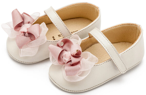 BABYWALKER Βαπτιστικά Γοβάκια Αγκαλιάς Δερμάτινα Ιβουάρ- Ροζ Με Χειροποίητο Φιόγκο MI1652 - Image 3