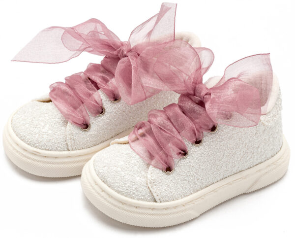 BABYWALKER Sneaker Από Ύφασμα Glitter Με Κορδέλα Λευκό Ροζ Αντικέ EXC5871 - Image 3