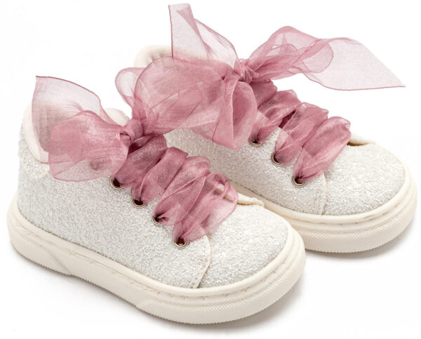BABYWALKER Sneaker Από Ύφασμα Glitter Με Κορδέλα Λευκό Ροζ Αντικέ EXC5871
