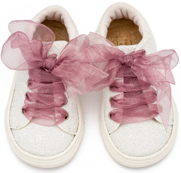 BABYWALKER Sneaker Από Ύφασμα Glitter Με Κορδέλα Λευκό Ροζ Αντικέ EXC5871 - Image 2