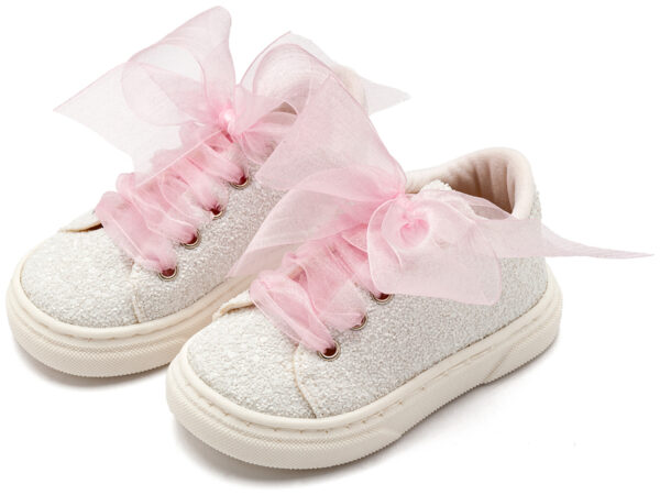 BABYWALKER Sneaker Από Ύφασμα Glitter Με Κορδέλα Λευκό Ροζ EXC5871 - Image 3