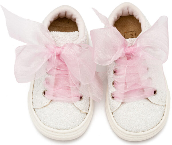 BABYWALKER Sneaker Από Ύφασμα Glitter Με Κορδέλα Λευκό Ροζ EXC5871 - Image 2