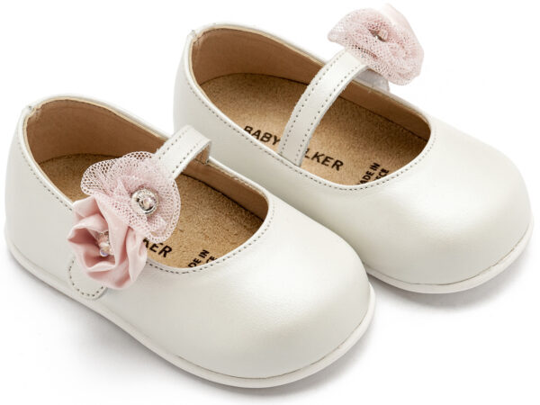 BABYWALKER Γοβάκι Μονή Μπαρέτα Με Διακοσμητικό Λουλούδι Εκρού Ροζ PRI2642