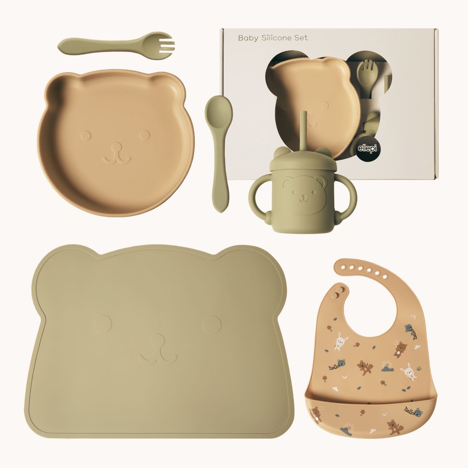 Ellepi Σετ Φαγητού Cute Bear Από Σιλικόνη Με Αντιολισθητική Βάση Και Σουπλά 6τμχ Λαδί Μπεζ - Image 9