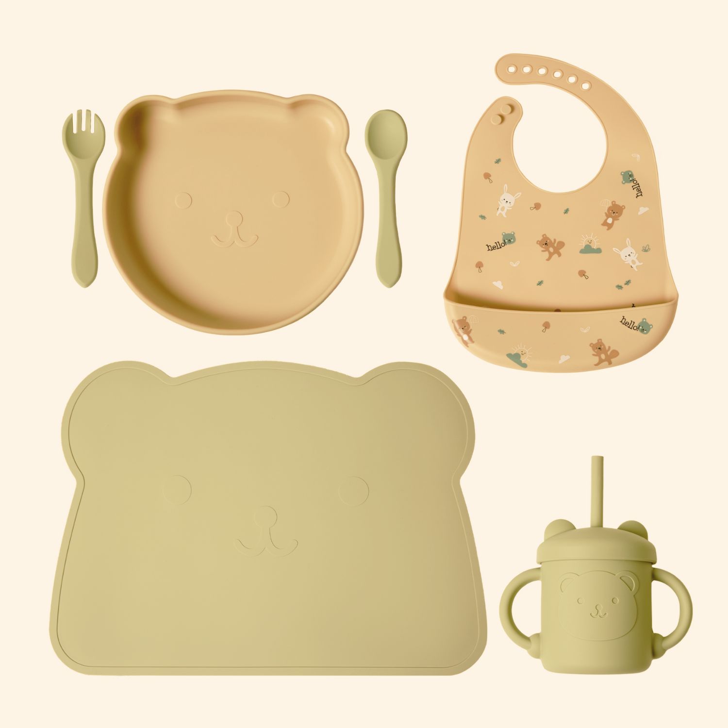 Ellepi Σετ Φαγητού Cute Bear Από Σιλικόνη Με Αντιολισθητική Βάση Και Σουπλά 6τμχ Λαδί Μπεζ