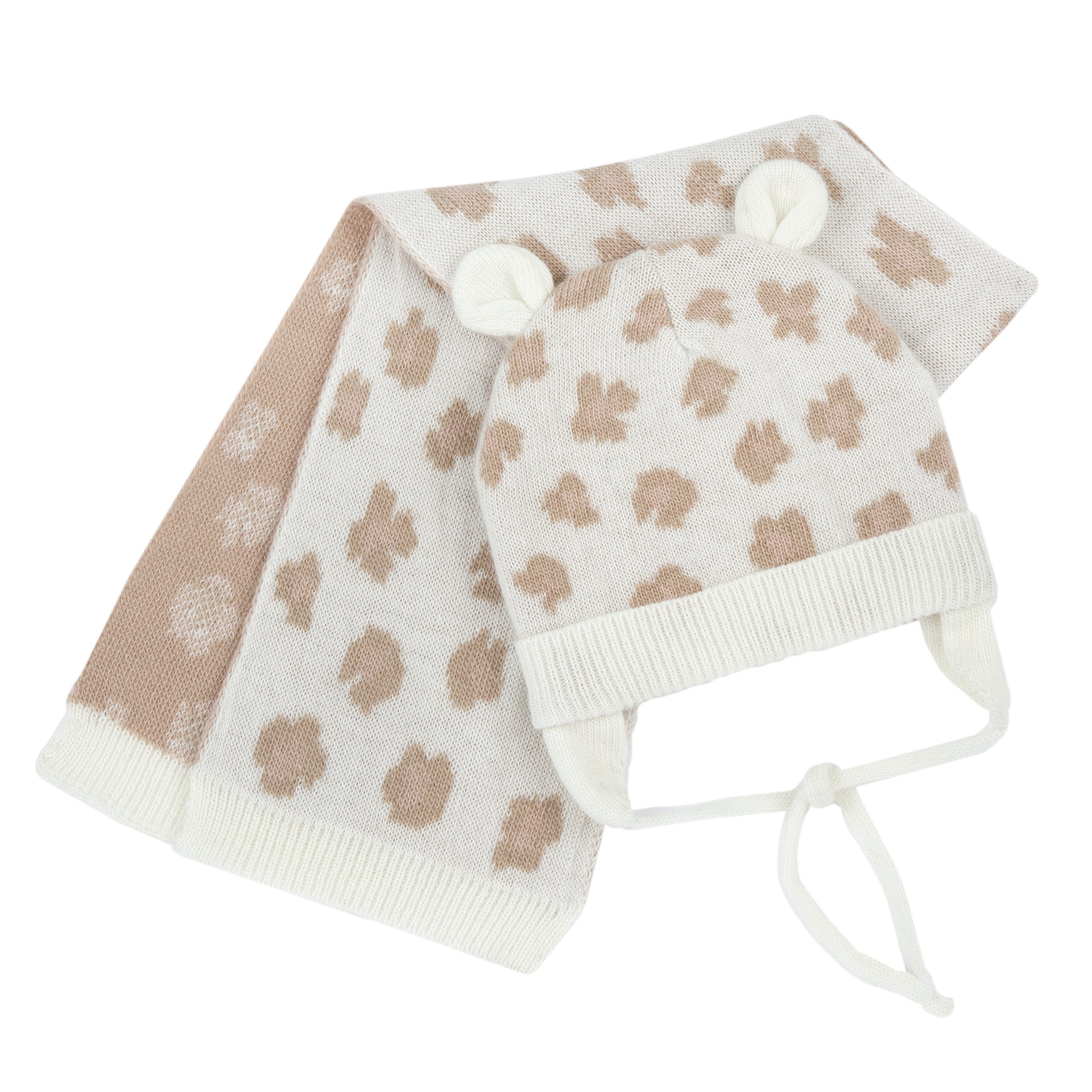 Chicco Βρεφικό Σετ Σκουφάκι & Κασκόλ με Αυτάκια και Animal Print Εκρού-Μπεζ