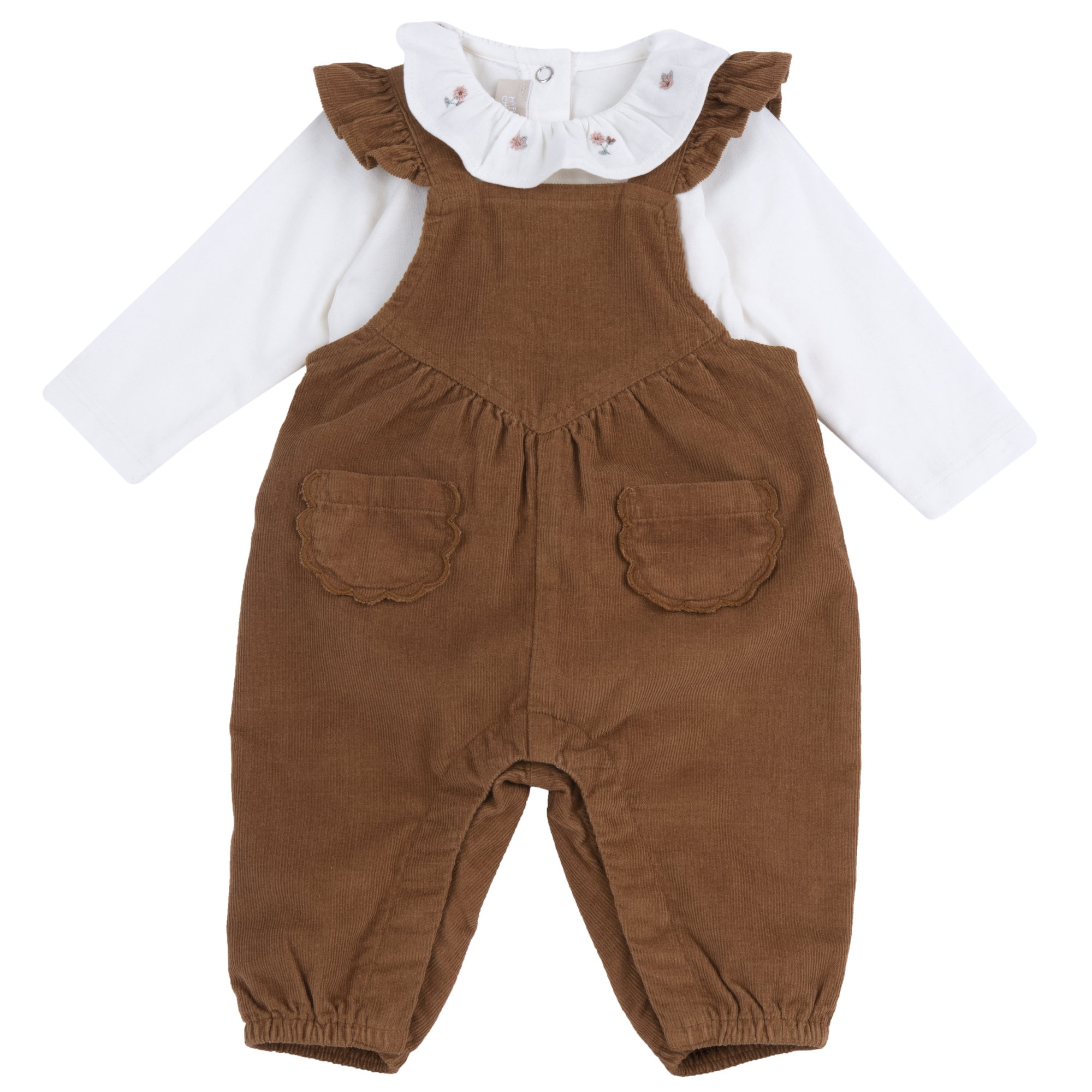 Chicco Βρεφικό Σετ Κοριτσιού Body με Κεντημένο Γιακά & Κοτλέ Σαλοπέτα (Oeko-Tex) Λευκό-Καραμελ
