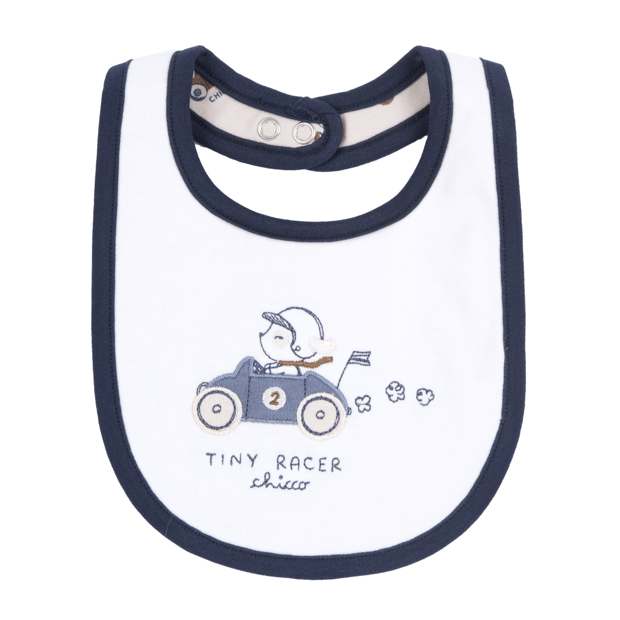 Chicco Βρεφική Σαλιάρα Αγοριού “Tiny Racer” Λευκό-Μπλε (Oeko-Tex)