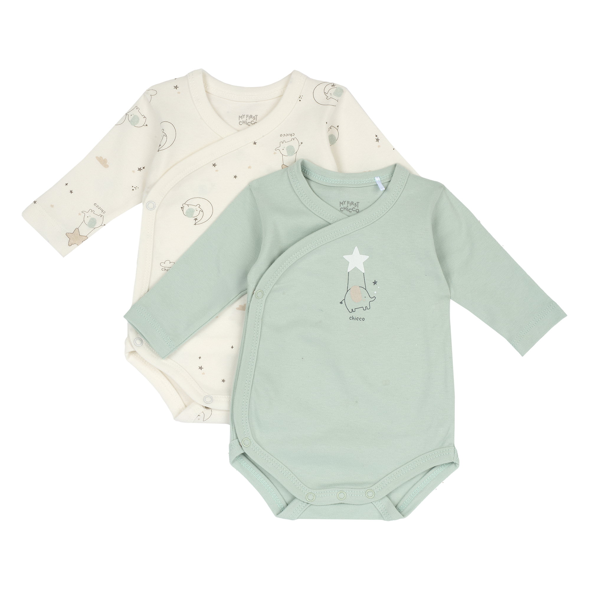 Chicco Σετ 2 Βρεφικά Μακρυμάνικα Κορμάκια Unisex Μέντα-Εκρού (Oeko-Tex)