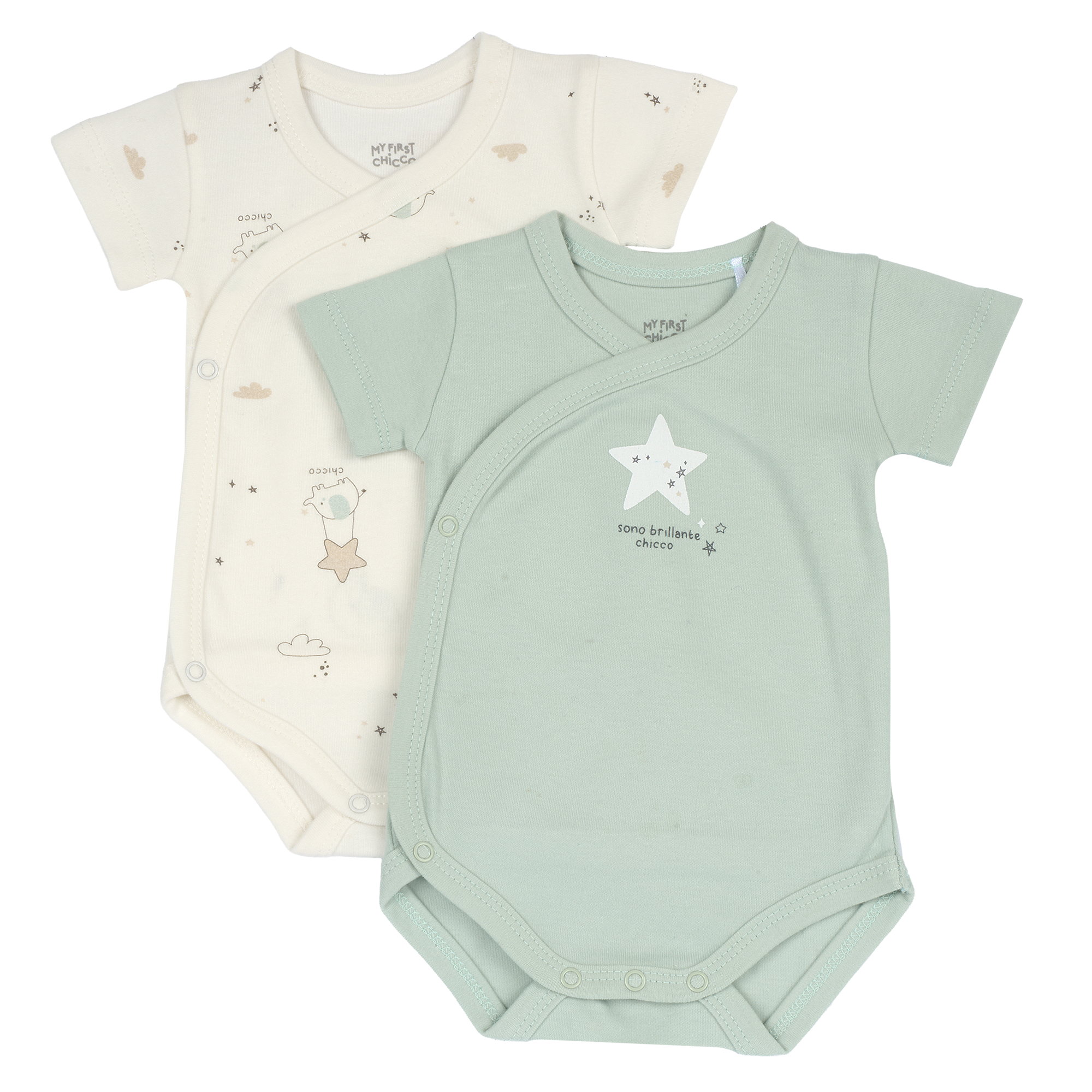 Chicco Σετ 2 Βρεφικά Κοντομάνικα Κορμάκια Unisex Μέντα-Εκρού (Oeko-Tex)